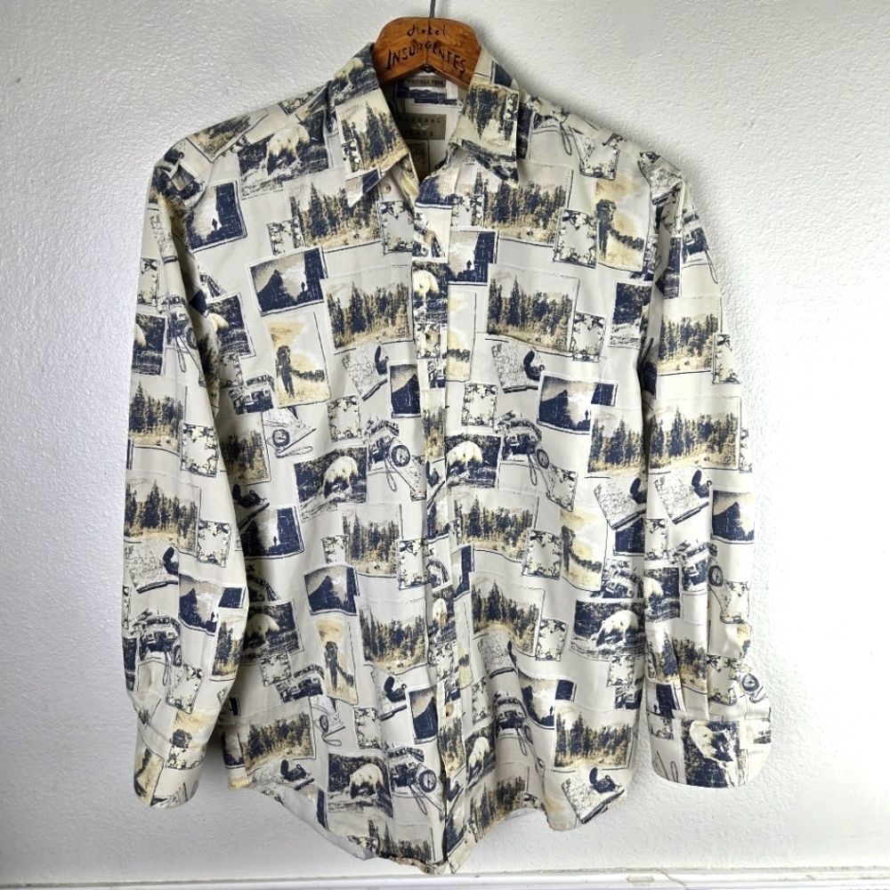 Men's Graphic Forest Outdoor Bear Photograph Print Cotton Shirt Size Small